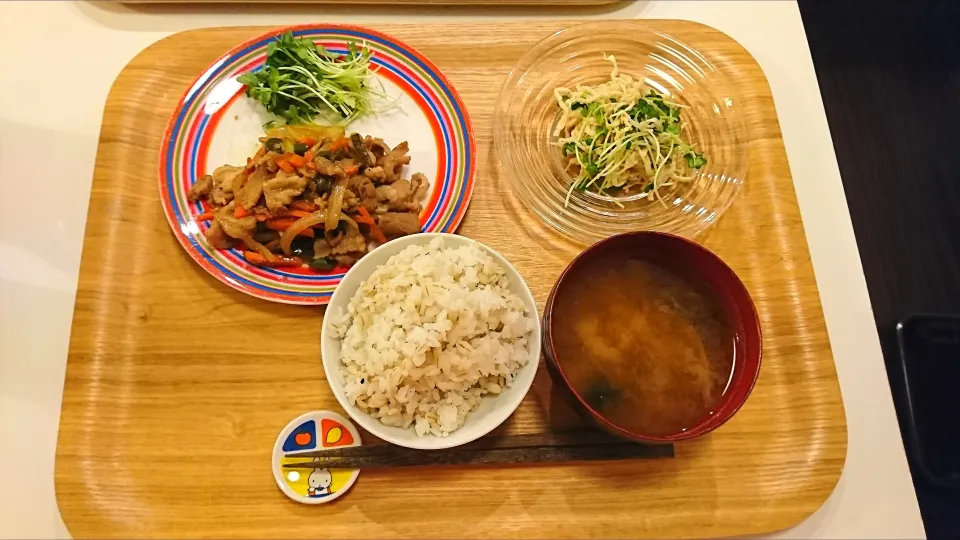 今日の夕食 豚肉の生姜焼き、切り干し大根のナムル、麦ご飯、玉ねぎとわかめの味噌汁|pinknari🐰🌈さん