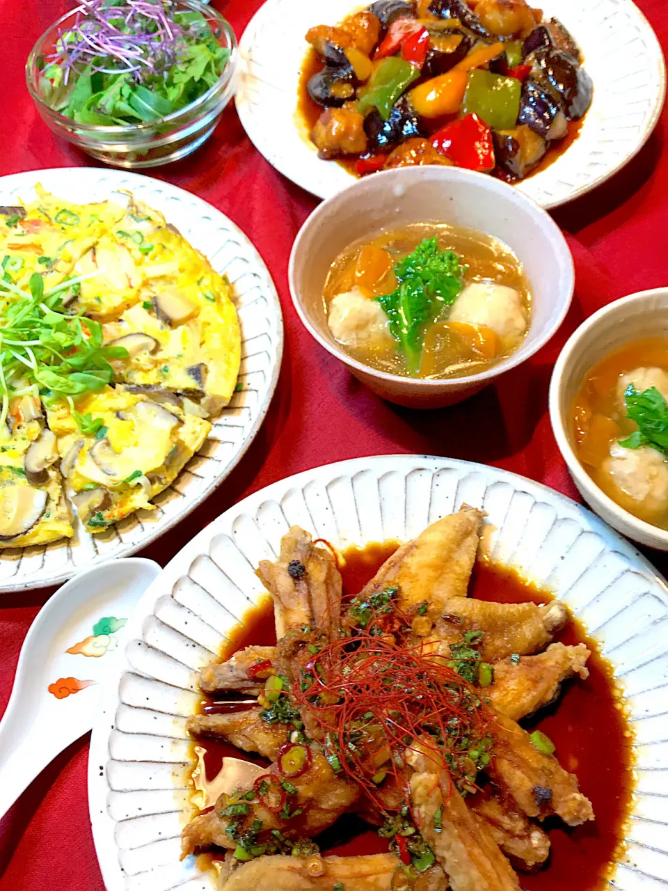 油淋鶏(ユーリンチ)、カニカマ蟹玉、彩り野菜の酢豚、肉だんごと菜の花の中華スープ|yukinnkoさん