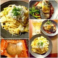 Today's Dinner🍴 鯖のﾁｰｽﾞ焼きw/ﾄﾏﾄｿｰｽ･しらすとｷｬﾍﾞﾂのｱﾝﾁｮﾋﾞｱｰﾘｵｵｰﾘｵﾊﾟｽﾀ