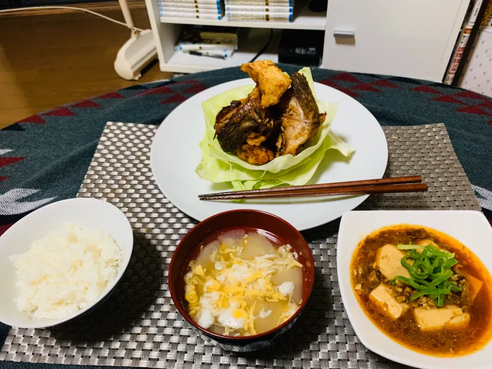 Snapdishの料理写真:コチの唐揚げ、　麻婆豆腐　、玉子スープ|玉城 尚丈さん