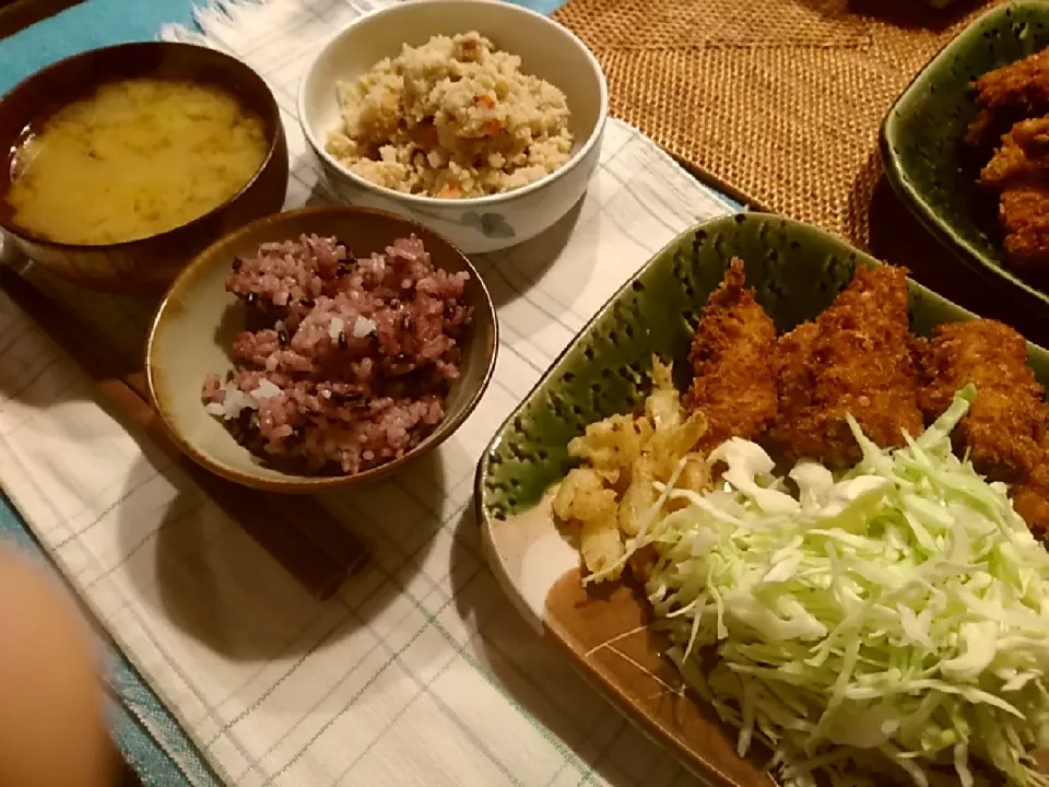 牡蠣フライ　卯の花　大根　しめじの味噌汁　島らっきょう天ぷら|pecopaさん