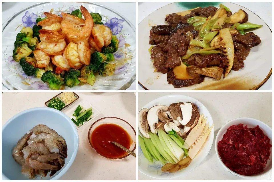 stir-fried prawn with broccoli/stir-fried beef with bamboo shoots and shiitake mushroom|steven z.y.さん