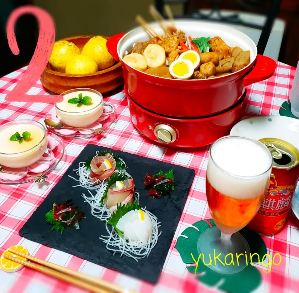 💗糀甘酒入り
　発酵おでん鍋🍢
💗お花にして可愛く🌹
　お刺身盛合せ
💗糀甘酒と豆乳で
　ヘルシープリン
💗本麒麟で✨🍻🎶|yukaringoさん