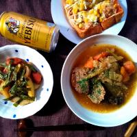 和風ジャーマンポテト・牛肉のビール煮・ピザっぽいトーストw・ヱビスビール