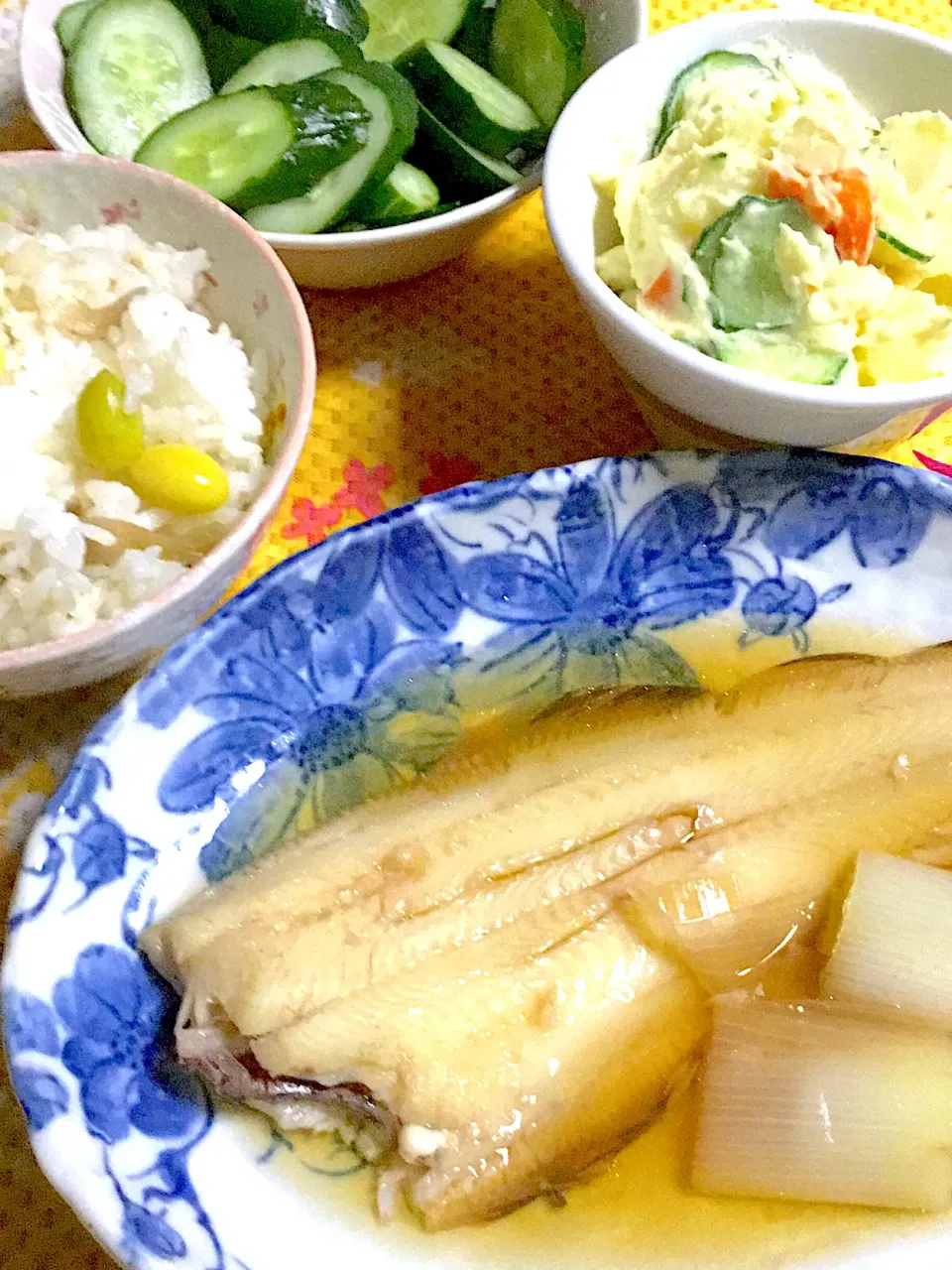 元丁(舌平目)の煮付け　ポテトサラダ　銀杏の混ぜご飯　糠漬け|掛谷節子さん