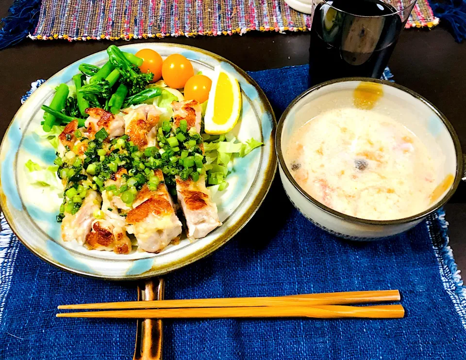 Snapdishの料理写真:焼き油淋鶏と豆乳トマトスープ|moricreampannaさん