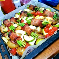 Bacon Asparagus, potato ,cherry tomato bake|justinさん