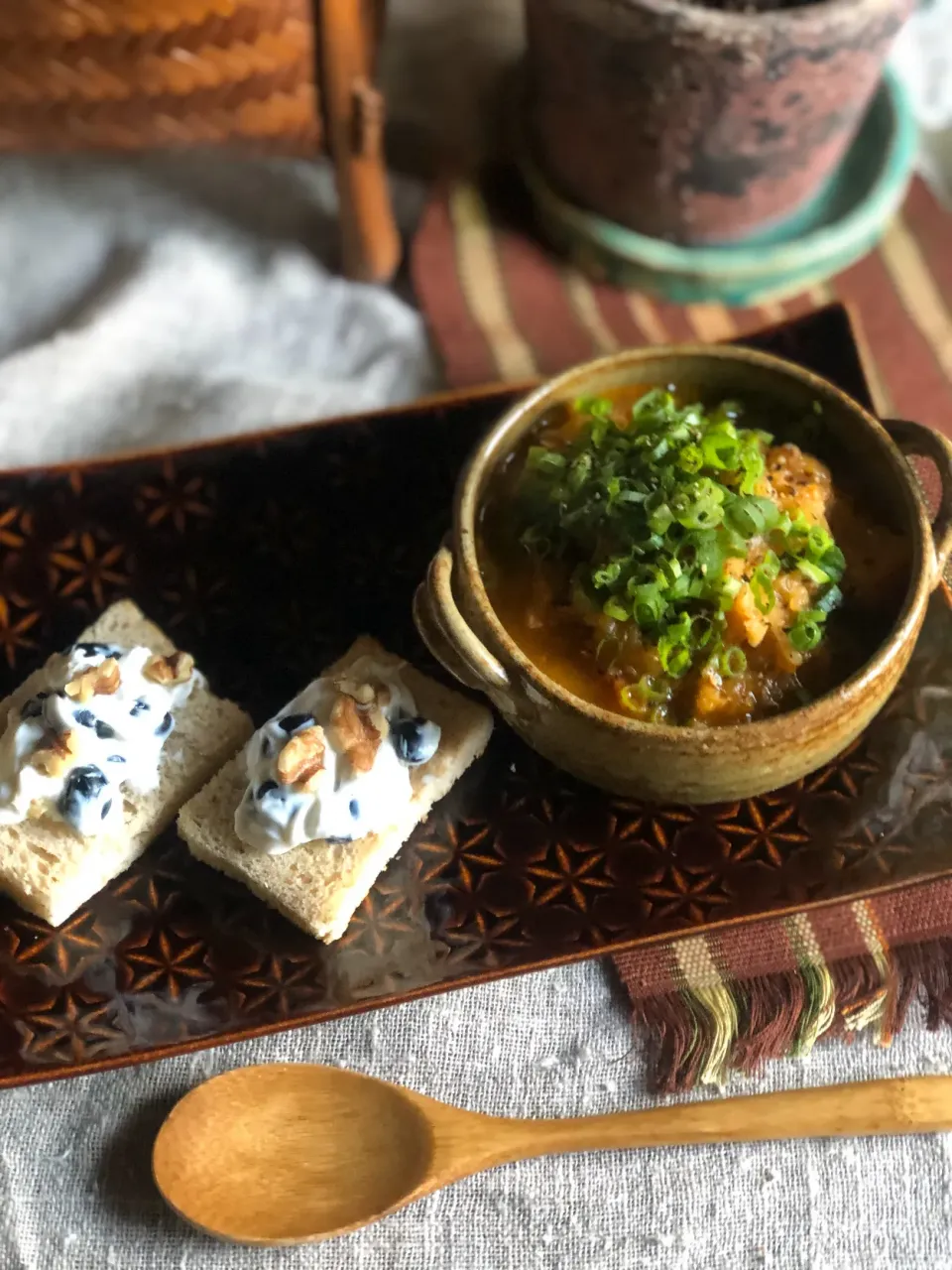 鴨肉と野菜のスープ　黒豆チーズトースト|ちーちさん