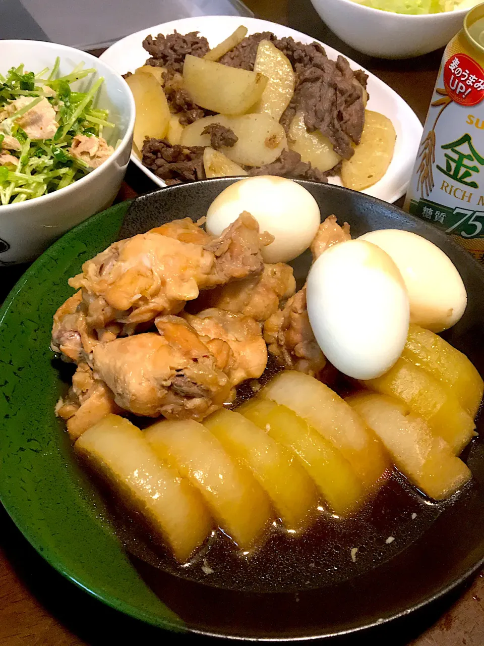 Snapdishの料理写真:大根手羽元煮、じゃがいも牛肉コンソメ炒め、豆苗シーチキンサラダ|ゆうこさん