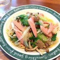 昼ごはん
あさりとシメジと玉ねぎと小松菜と魚肉のスープパスタ