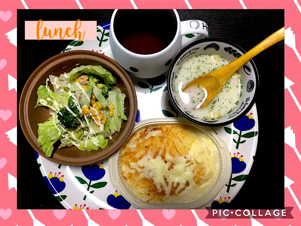 昨夜の残り物のサラダと冷凍グラタン&ポタージュ　lunch❣️|ようか✩.*˚さん