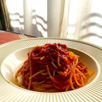 スパゲッティ・アラビアータ🍝真っ赤な辛いパスタだよ。(*≧∀≦*)‼️