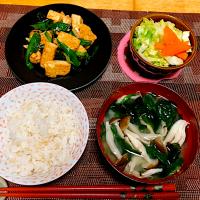 豆腐とニラのオイスターソース炒め。しめじとわかめの麦味噌汁