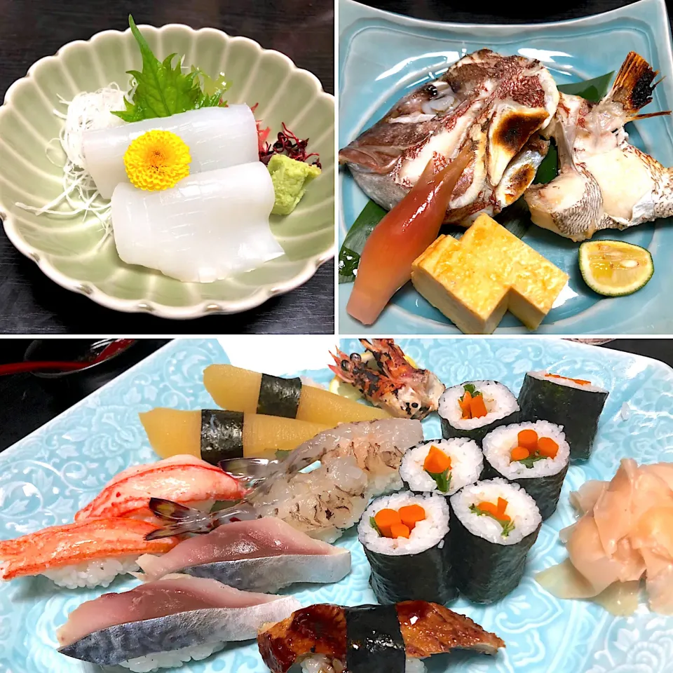 Snapdishの料理写真:剣先イカ刺身🦑、鯛のお頭焼き🐟、にぎり🍣|buhizouさん