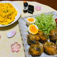 「鰯の大葉とチーズ巻き揚げ、味玉子添え」と「かぼちゃと新玉ねぎのサラダ」