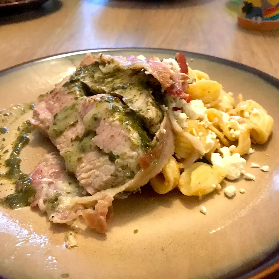 Snapdishの料理写真:Stuffed pork loin over orecchiette with wilted greens and chick peas|TJ McAfoosさん