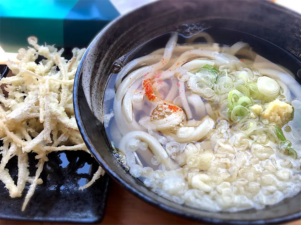 うどんめだかさんのごぼう天うどんと竹輪天うどん　と、コロッケ|じゅんさんさん