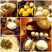 Today's Chinese Dinner🇨🇳北京ﾀﾞｯｸ･刈包･我家の五香粉香るとろけるｳﾄﾞと角煮･餃子餡de肉饅･551お土産焼売･ﾆﾗともやしのﾋﾟﾘ辛ｽｰﾌﾟ