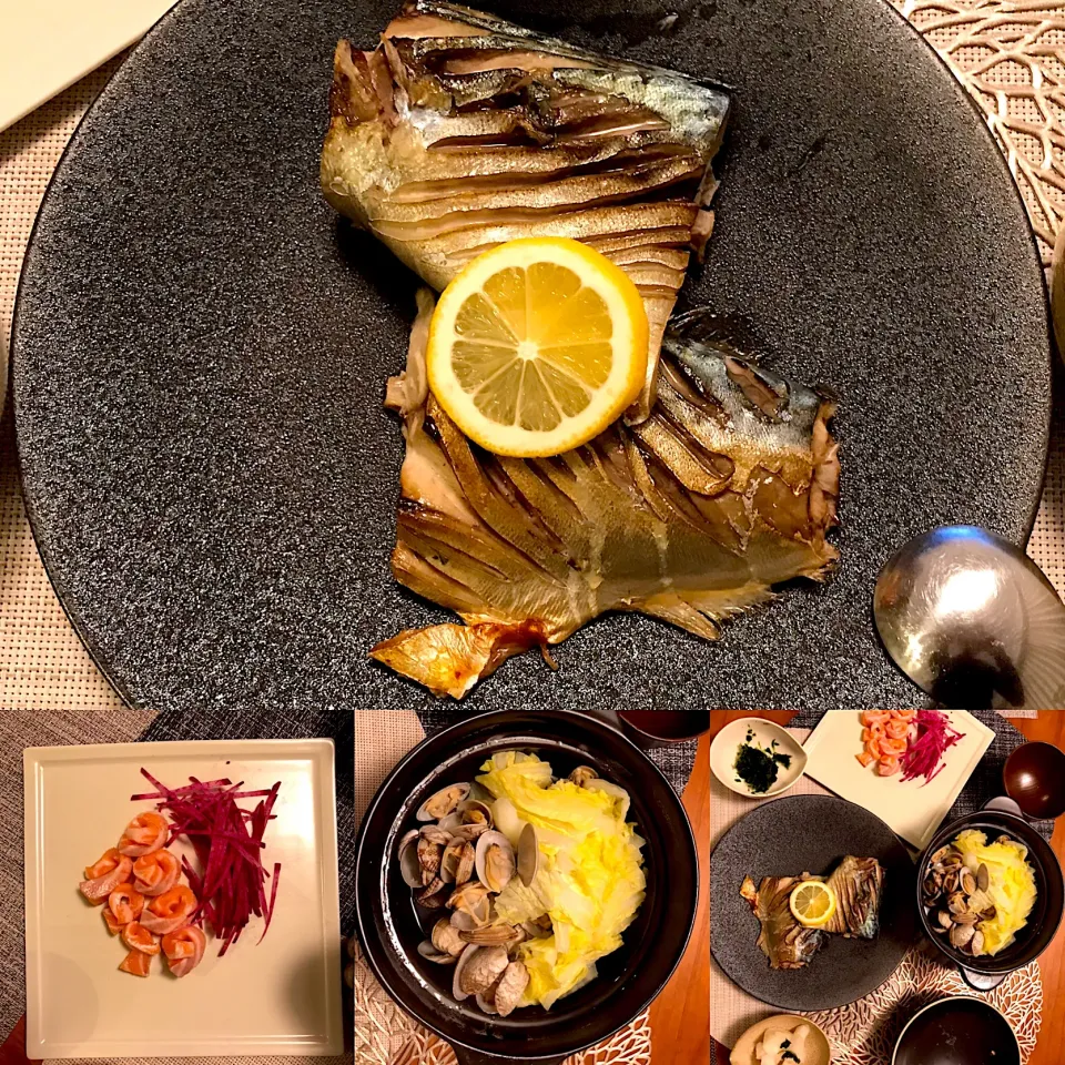 Snapdishの料理写真:鯖塩焼き、アサリ汁とサーモンの宴|なお🅿️さん