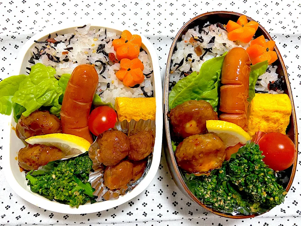 夫弁当🍱🍱えとやさんの梅の実ひじき混ぜ込みご飯🍚アレッタ(ブロッコリー🥦×ケール🥬)の胡麻和え|ナナさん