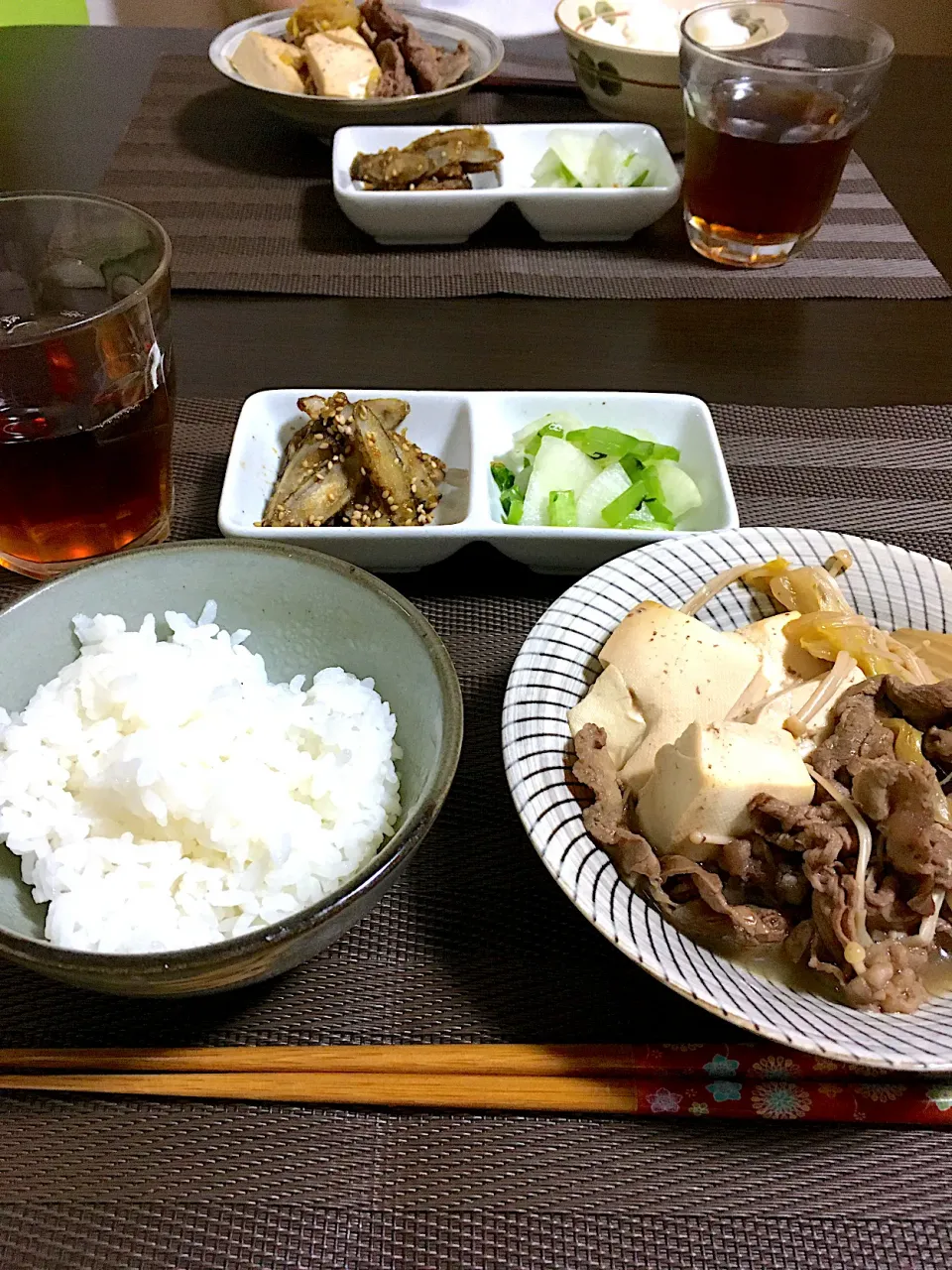 肉豆腐　大根の昆布茶和え　ごぼうの甘辛炒め|ちぐあささん