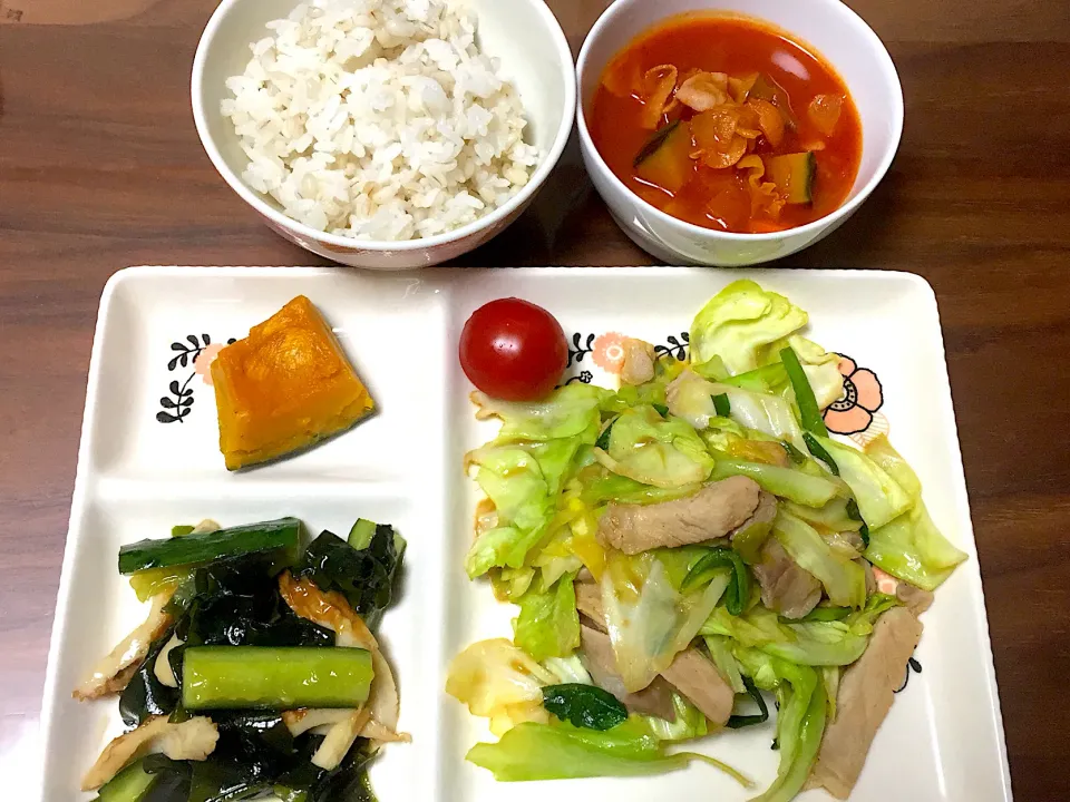 回鍋肉 かぼちゃの煮物 ちくわときゅうりの和え物 ミネストローネ|おさむん17さん