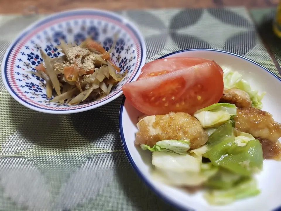 Snapdishの料理写真:鶏肉のオイスター炒めときんぴらごぼう|さよさん