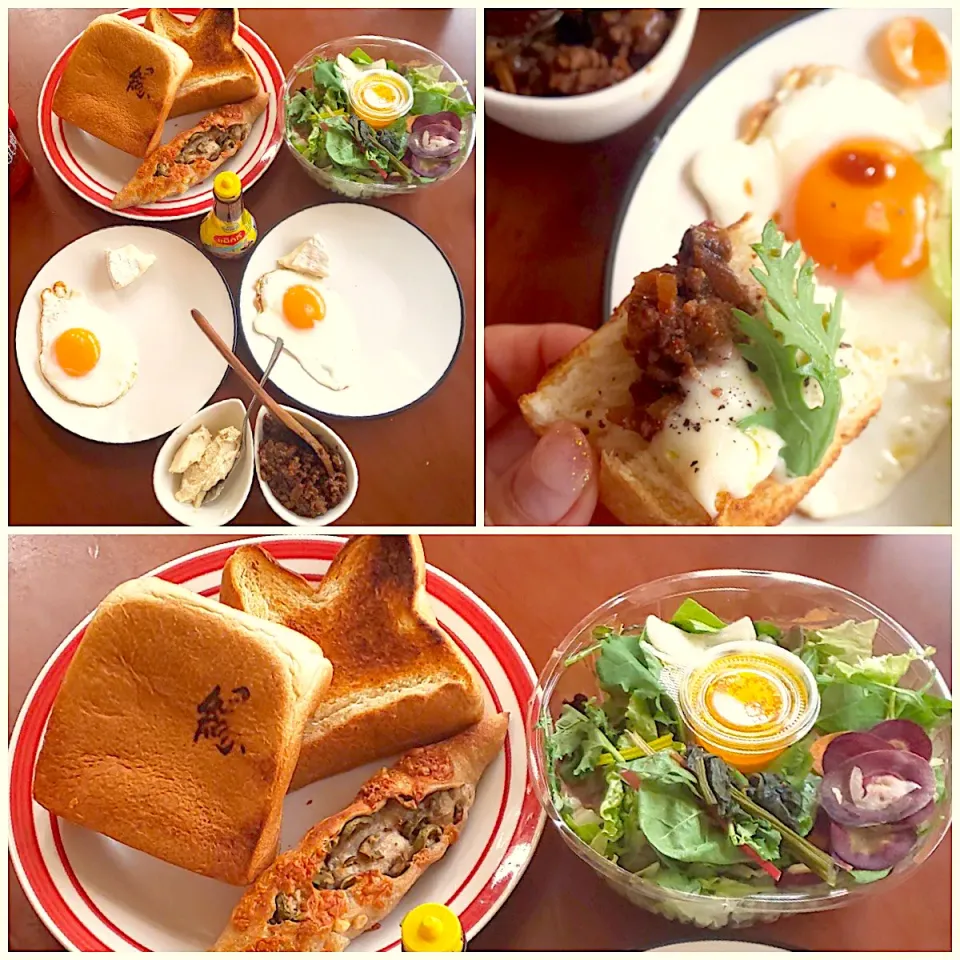 Snapdishの料理写真:Saturday  brunch🍴 美味しいﾊﾟﾝ屋さんの食ﾊﾟﾝ&ｵﾘｰﾌﾞﾁｰｽﾞﾊﾞｹﾞｯﾄ･お野菜たっぷりｻﾗﾀﾞ･目玉焼き･ｶﾏﾝﾍﾞｰﾙﾁｰｽﾞ･坦々肉味噌&ﾌﾑｽ|🌈Ami🍻さん