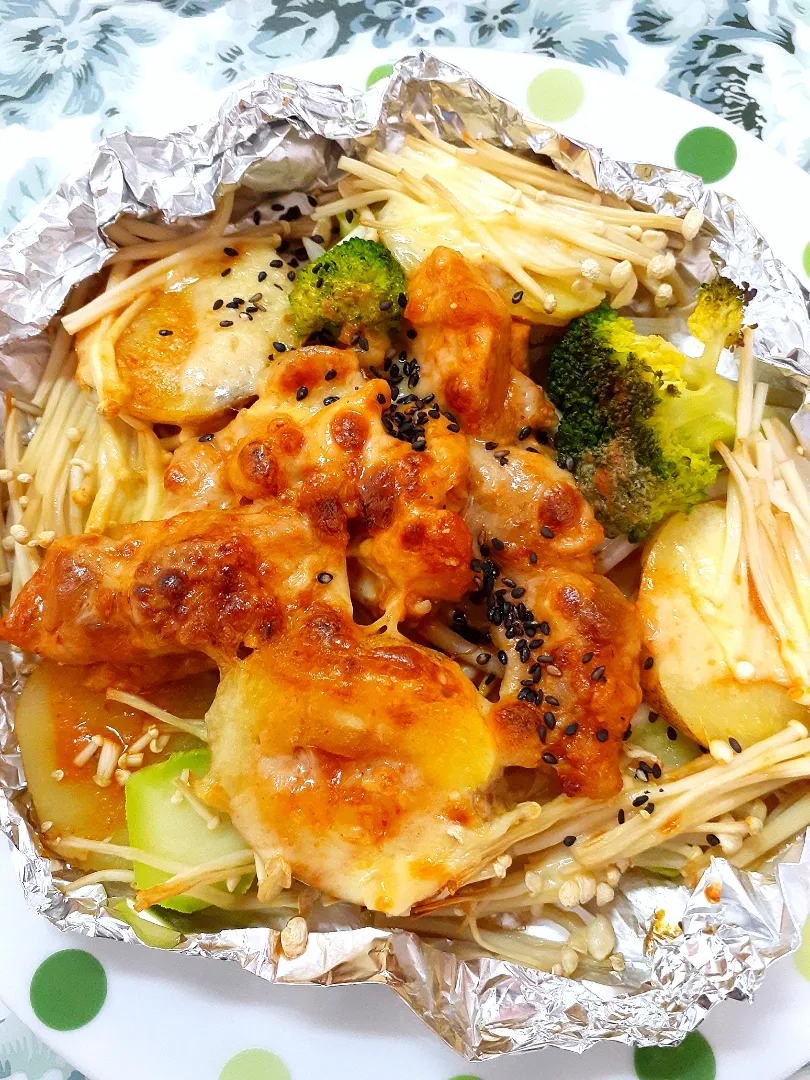 ✴️トースターdeクッキング🔷チーズダッカルビ🔷柿安さんのダッカルビ鶏肉➕野菜🥔🥦🍄具だくさん|@きなこさん