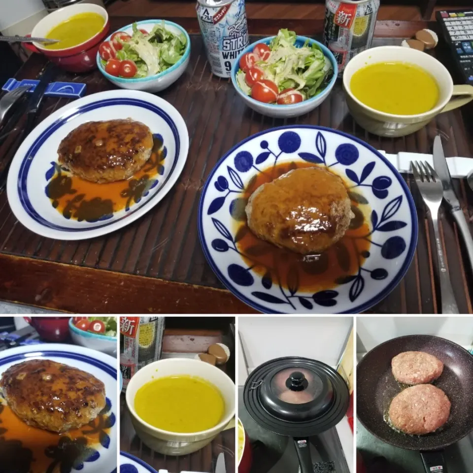 Snapdishの料理写真:今日の夜ご飯は、夫婦分担☺️☺️料理で私がハンバーグ奥様カボチャスープにサラダ♪|dai.noriさん