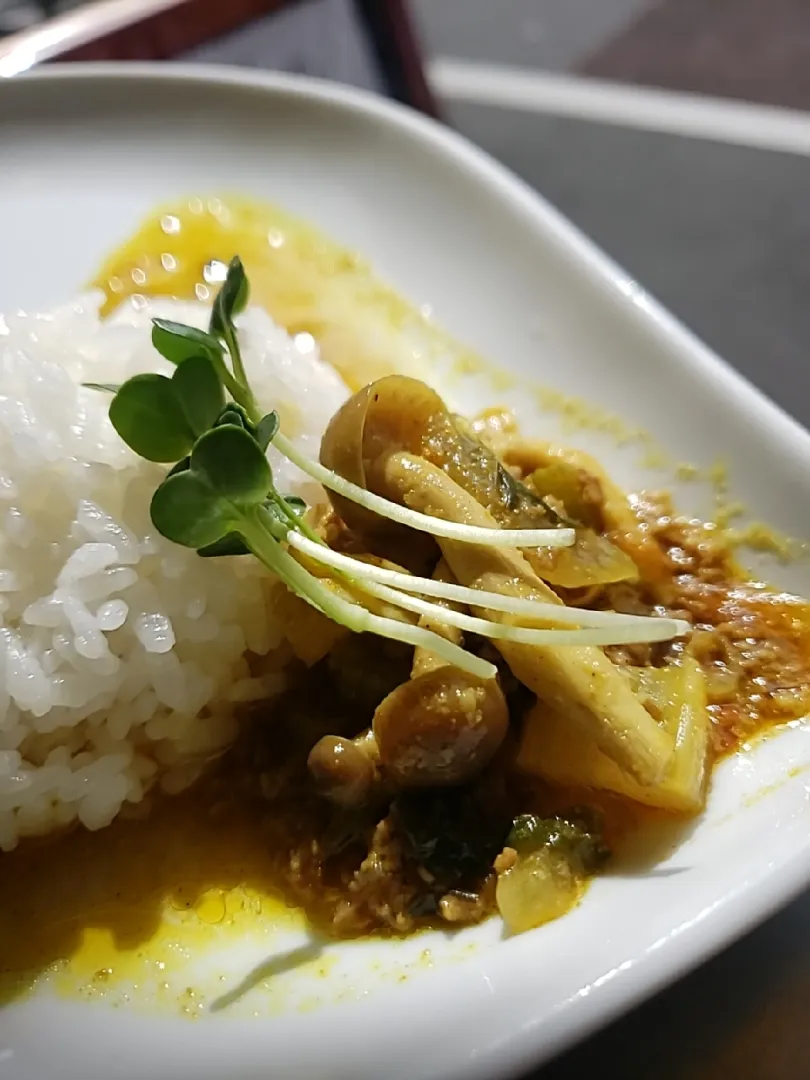 シメジとセロリの牛豚キーマカレーです。|ふじわらたくやさん