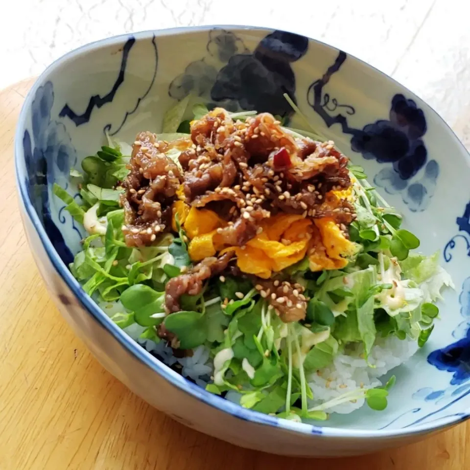 Snapdishの料理写真:姜葱醤を効かせた牛肉の佃煮のサラダ丼|mi_neneco♪さん