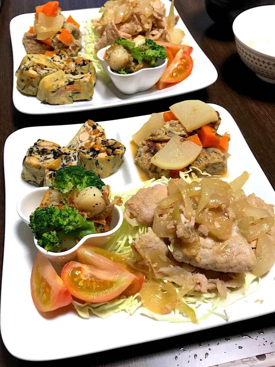 Snapdishの料理写真:#生姜焼き
 #帆立のブロッコリー 炒め
 #しゃけ団子煮物
 #ひじき煮入卵焼き|𝕜𝕪𝟙𝟘𝟚𝟘𝟙𝟠さん