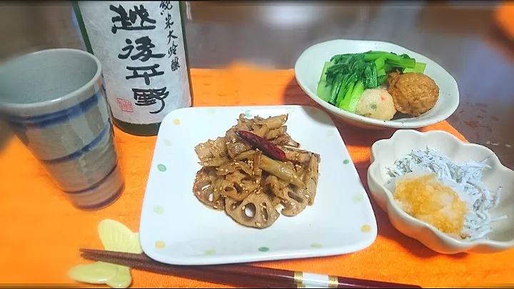 豚肉と根菜の出汁炒め
 天ぷらと小松菜🌱の炊いたん
 しらす🐟おろし|びせんさん