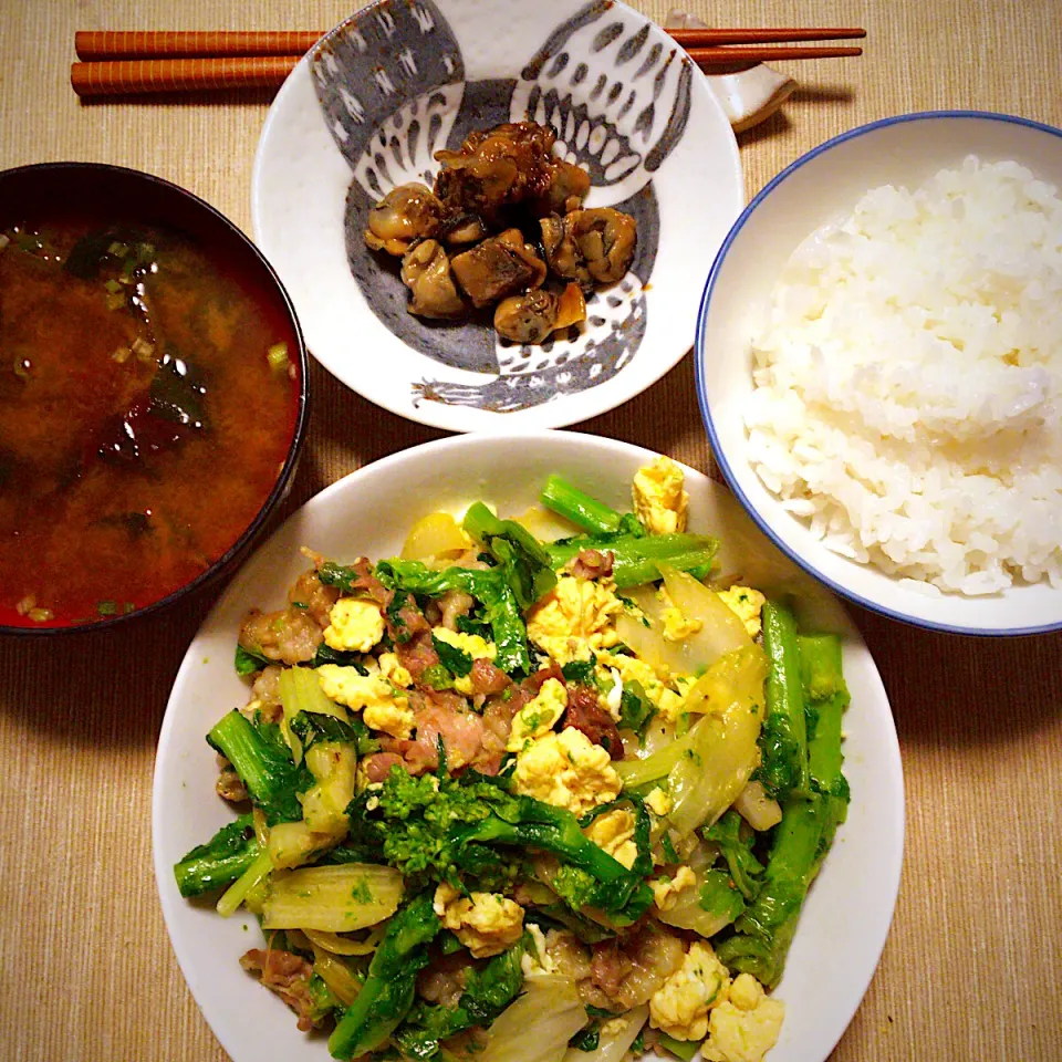 菜の花とセロリと豚肉の塩炒め|おこばさん