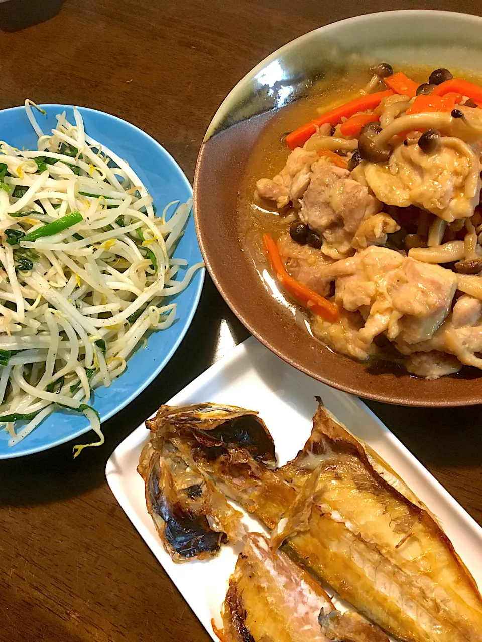 鶏モモしめじ照り煮、あじ開き、もやしニラ炒め、エノキわかめ味噌汁|ゆうこさん