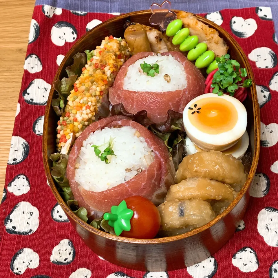 旦那のお弁当1 生ハムおにぎり弁当にしました^ ^|ヤマネコさん