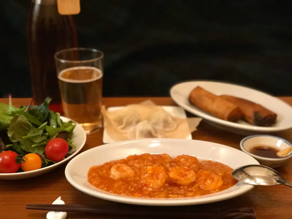 中華料理と梅酒ソーダで家飲み　　　　　Shrimp chili and Plum wine soda|マユマユさん