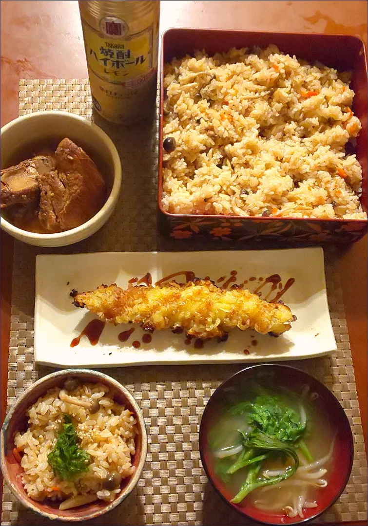 Snapdishの料理写真:Today's Dinner🍴生姜塩煮込みｽﾍﾟｱﾘﾌﾞ･穴子天麩羅･炊き込みご飯･もやしと春菊のお味噌汁|🌈Ami🍻さん