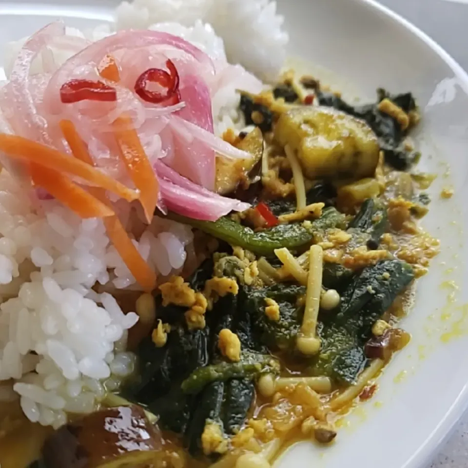 ほうれん草と茄子とえのき茸が入った鶏キーマカレーピクルスのせ。|ふじわらたくやさん