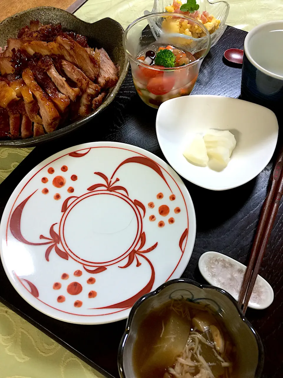 煮豚 ゼリー寄サラダ ポテトと卵のサラダ 大根の帆立煮 大根の漬物|陽子さん