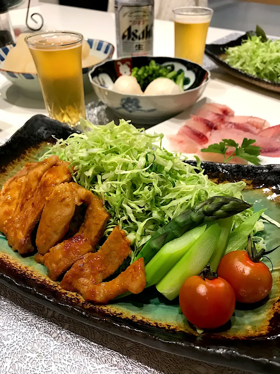 高座豚の味噌焼き🐽とイサキの薄造り➰🍻😋|ナムナムさん