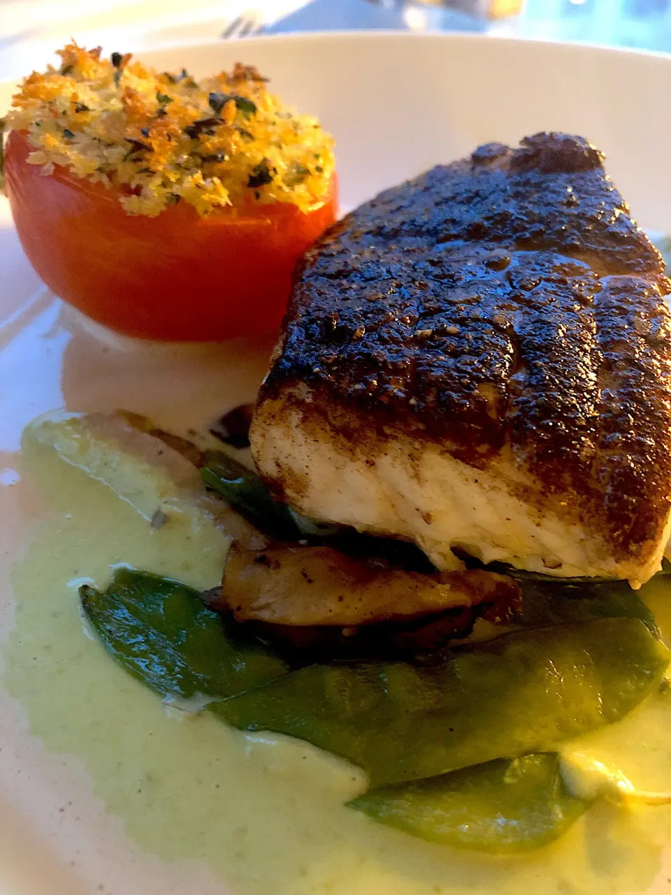 Halibut with a Porcini Crust over Shiitake Mushrooms &Pea Pods .. Asparagus Puree|Christine pavelkaさん