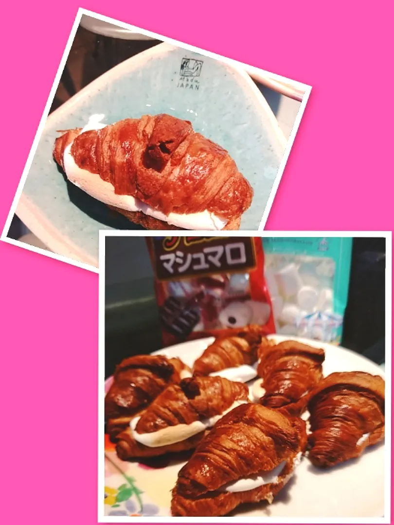 Snapdishの料理写真:ミニクロワッサンを半分に切って、マシュマロのせてトースト。|Bon Sutaさん