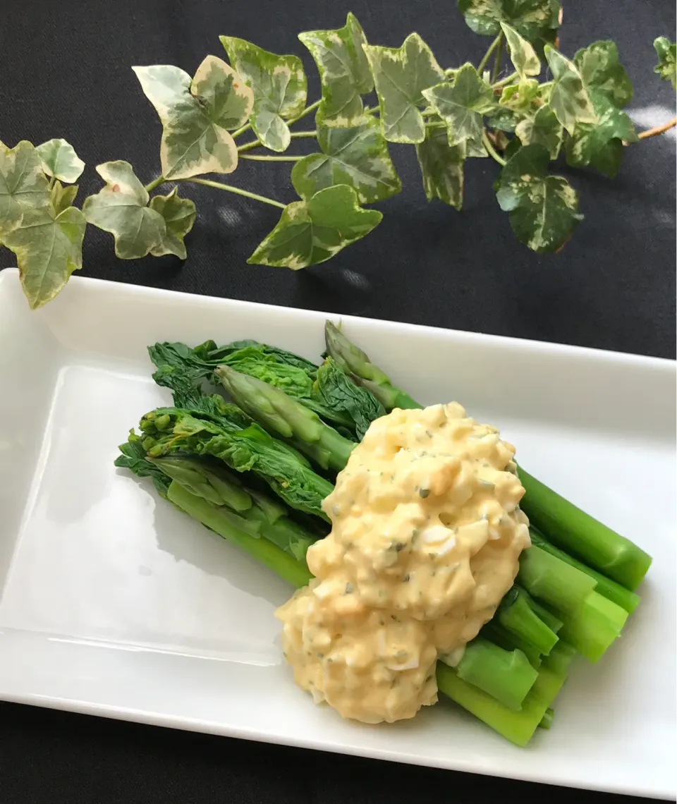 Snapdishの料理写真:☘春の香り　菜の花とグリーンアスパラの卵サラダ🥗|Hollyさん