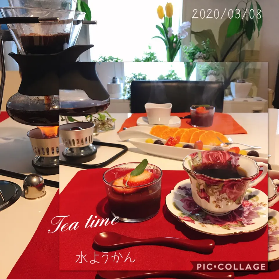 Snapdishの料理写真:#水ようかん(夏以来の作)#フルーツ🍊は甘平#ビッグチェリー🍒#パイナップル🍍#いちご🍓#サイフォンコーヒー☕️|みすてりあすゆっこさん