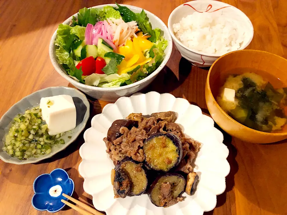 Snapdishの料理写真:茄子と牛肉の甘味噌炒め定食|こんぶさん