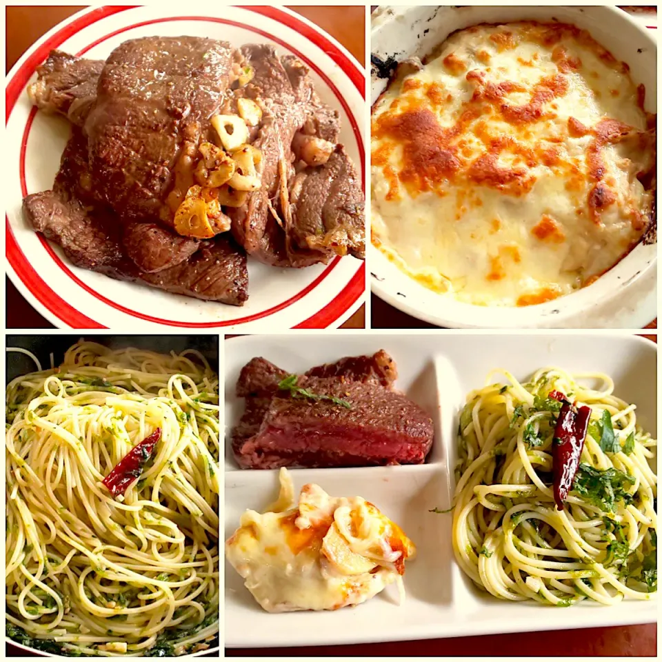 Sunday  brunch🍴厚切りﾋﾞｰﾌｽﾃｰｷ･野沢菜しらすとあおさのﾍﾟﾍﾟﾛﾝﾁｰﾉｽﾊﾟｹﾞﾃｨ･ｻｰﾓﾝとﾎﾟﾃﾄのｸﾞﾗﾀﾝ|🌈Ami🍻さん