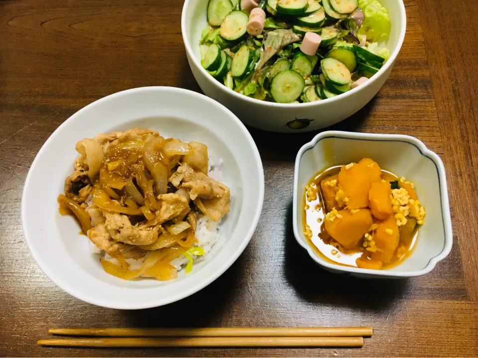 三元豚の焼肉丼、かぼちゃの煮物、サラダ|りかさん