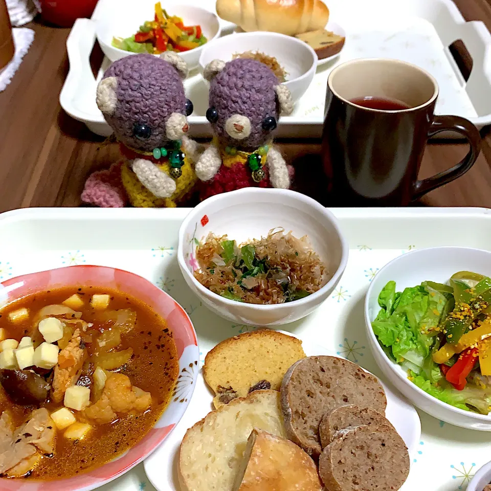 Snapdishの料理写真:毎度のごっちゃり朝ごぱん（╹◡╹）|chagashiさん